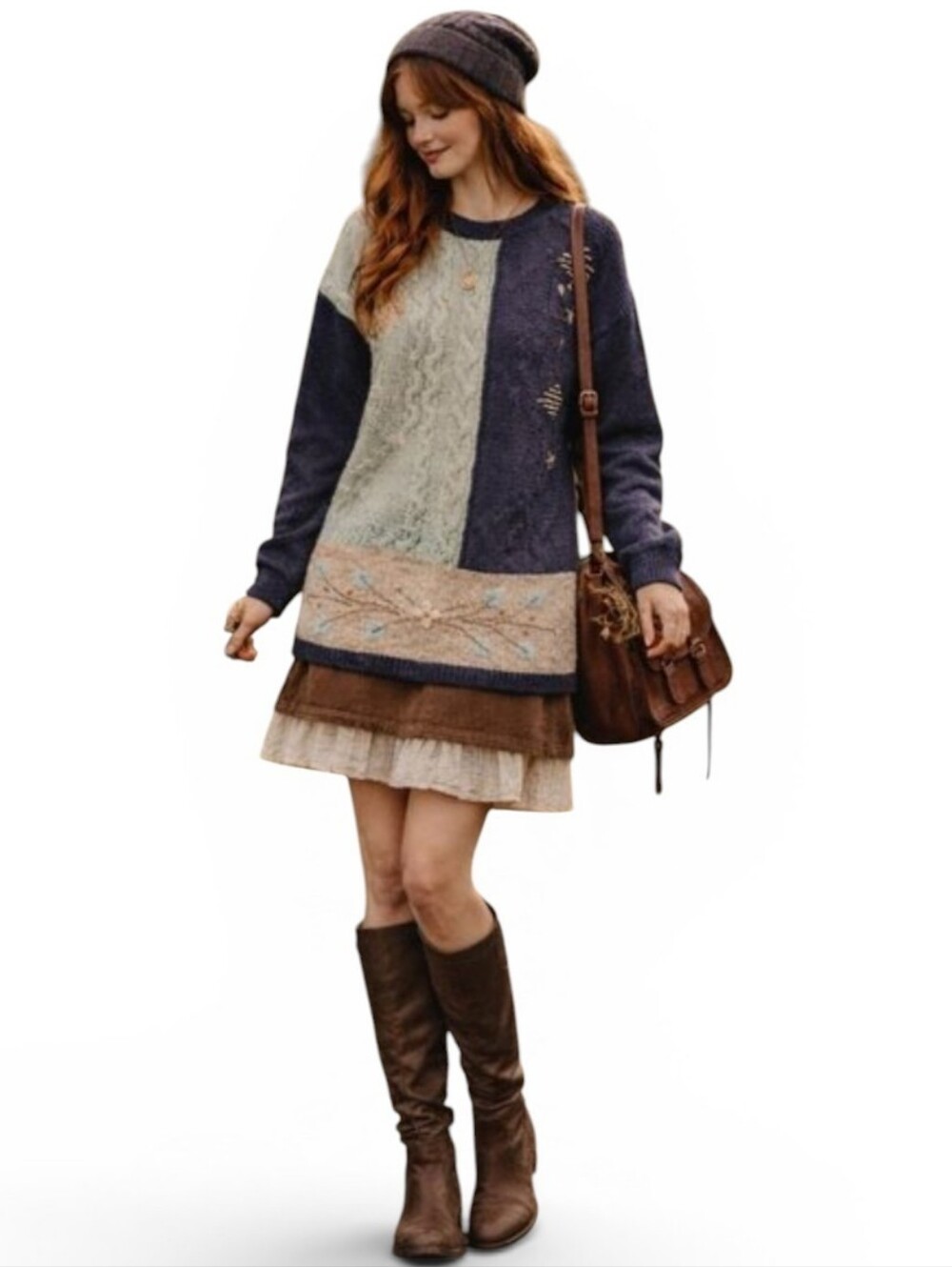 Whimsical Patchwork Tunic Cable Knit Sweater – Made in Italy, Lana & Angora